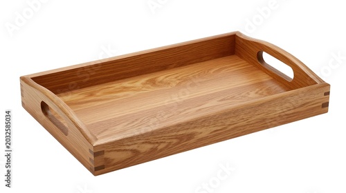 Empty wooden tray with handles on white background for serving food and drinks transparent background