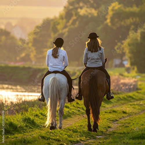 Two women riding horses on a dirt path