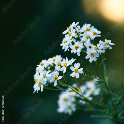 Delicate white wildflowers with yellow centers bloom against a dark, blurred background (2)