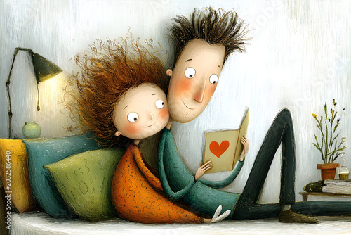 Romantic couple enjoying cozy time at home, a man reading a book with a red heart on the page, cuddling with a woman with curly hair on a comfortable sofa under warm lamp light