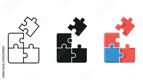 Jigsaw puzzle pieces vector illustration set in line art flat and silhouette styles