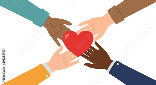 Illustration showing four diverse hands coming together to support a large red heart symbol of love and unity.