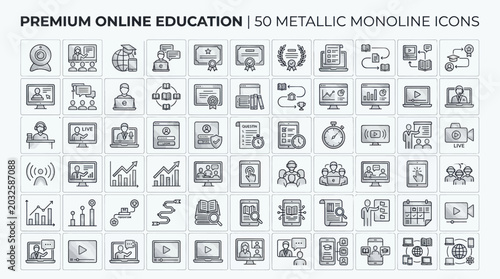 Online Education Metallic Monoline Icons – Premium E-Learning Vector Collection