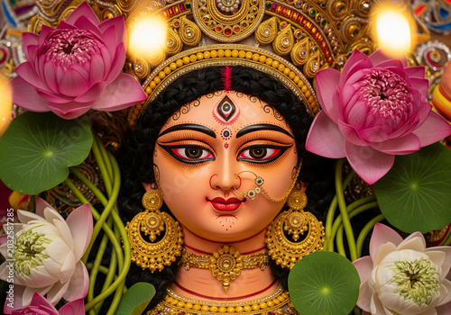 Close-up of a meticulously decorated idol of a Hindu goddess with golden jewelry and vibrant lotus flowers, embodying spiritual devotion.