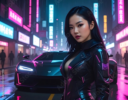 A futuristic woman in a neon-lit city with a sleek car