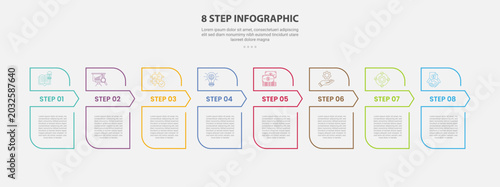 8 points template infographic outline style with 8 point stage or step template with round rectangle box with arrow header badge for slide presentation