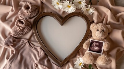 Tender Maternity Announcement: Heart Frame, Baby Shoes, Teddy Bear, and Ultrasound Photo