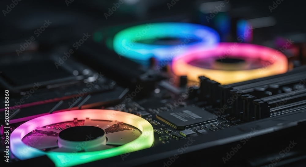 Obraz premium Close-up view of a high-performance computer's illuminated RGB gaming hardware