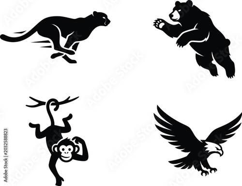 Photography A assortment of four expert black and white minimalist silhouette vector illustrations of various wild animals