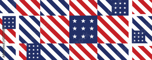 Patriotic geometric pattern with stars and stripes, red white and blue abstract american flag background vector, mosaic tile design for independence day and fourth of july celebrations