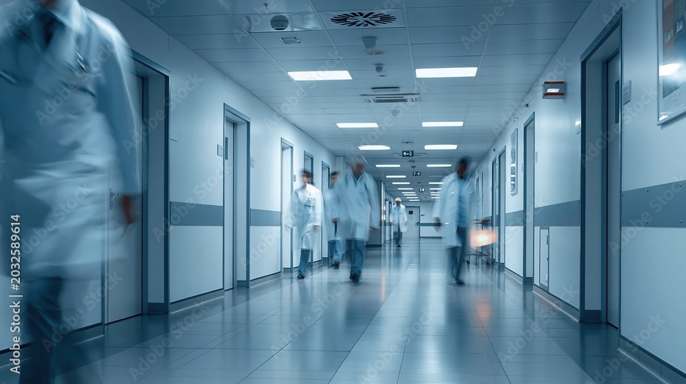 Fototapeta premium Blurred motion of medical professionals in white coats walking down a bright, modern hospital corridor with doors on either side, evoking a sense of urgency and activity within healthcare.