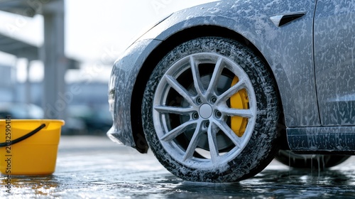 Car wheel covered in soap foam, with a yellow bucket nearby