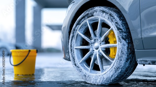 Frozen car wheel and yellow bucket at a winter car wash
