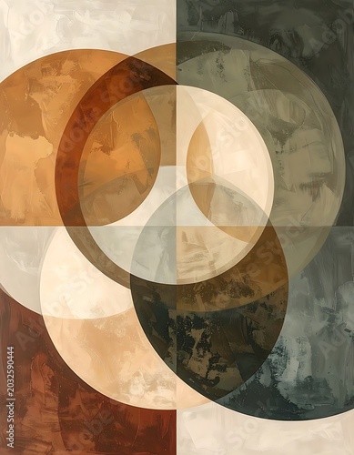 A geometric art piece featuring overlapping circles on a divided background