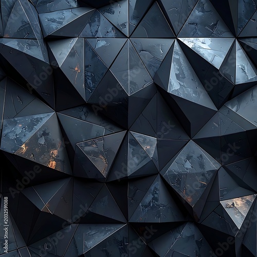 A geometric pattern of dark shiny triangular facets