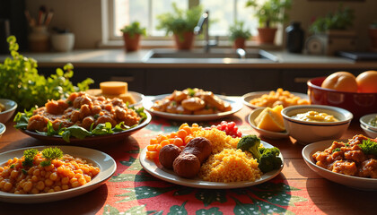 Vibrant soul food spread on table with Juneteenth decor, cultural celebration