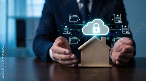 Cloud Property Management Concept: Businessman Hands Protecting Home Model with Glowing Holographic Storage Interface