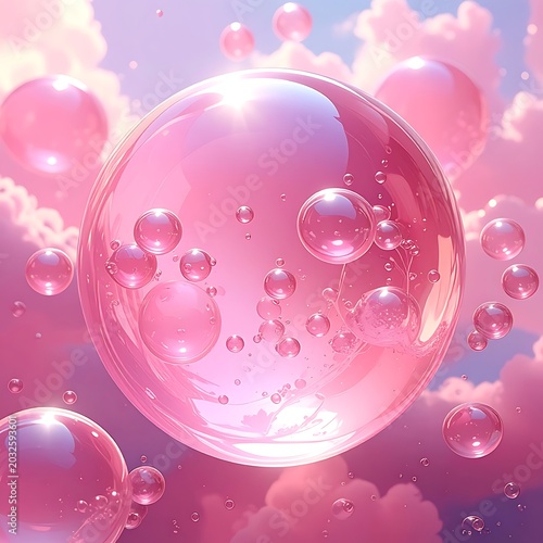A large pink sphere surrounded by smaller spheres in a cloudy sky