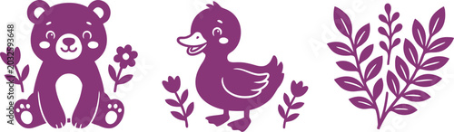 Tableau sur toile Purple teddy bear duck and leaf wall decals