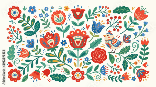 Traditional folk art floral pattern with birds and blooming flowers in vibrant colors