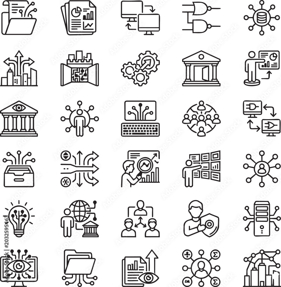 Fototapeta premium Open Data & Government Transparency Line Icons Set – 30 Minimal Black Outline Vector Icons for Public Data, Civic Access & Transparent Governance