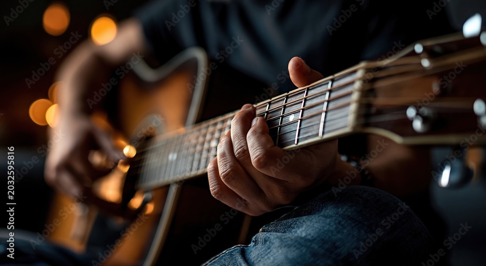 Fototapeta premium Close-up of a person playing an acoustic guitar, focusing on the hands and strings with a blurred background.