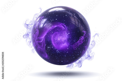 Dark purple cosmic sphere with galaxy texture and smoke . Space and sci-fi concept