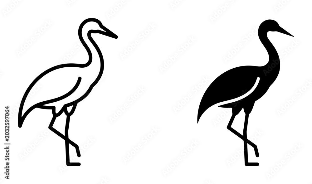 Fototapeta premium Elegant Crane Icons, Vector Silhouette and Outline, Symbolizing Grace and Nature, Minimalist Bird Graphics for Wildlife and Zen Themes