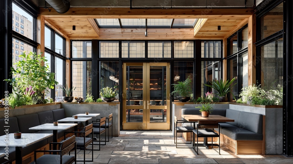 Fototapeta premium Modern Industrial Restaurant Interior with Skylight, Lush Greenery, and Comfortable Seating