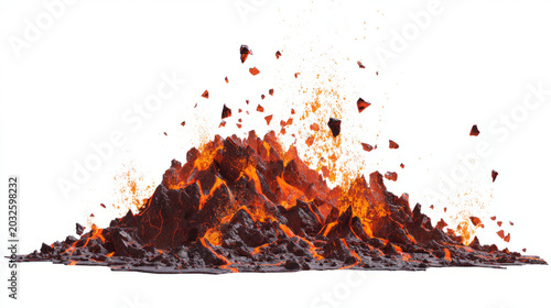 Molten lava burst with flying magma chunks minimal on white