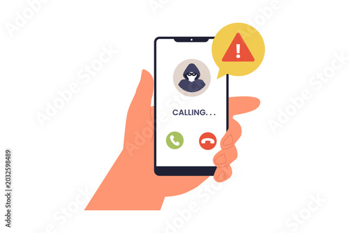 Illustration of Mobile Phone Call Scam Warning Notification. A hand holding a smartphone displaying an incoming phone call from a masked hacker with a prominent warning alert icon