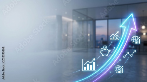 Future business growth and finance investment strategy concept with glowing upward arrow and financial icons in modern office background representing global success and economic development