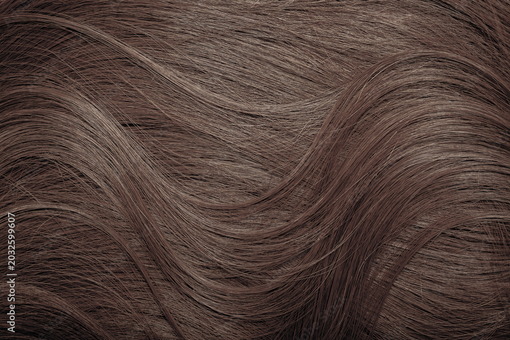 Fototapeta premium Brown hair close-up as a background. Women's long brown hair. Beautifully styled wavy shiny curls. Hair coloring. Hairdressing procedures, extension.
