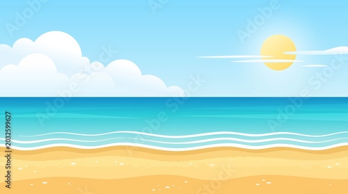 Seascape Illustration With Sun, Clouds, And Wavy Water