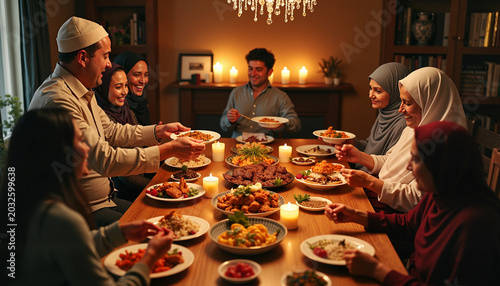 Muslim family gathering around dinner table sharing traditional meal  