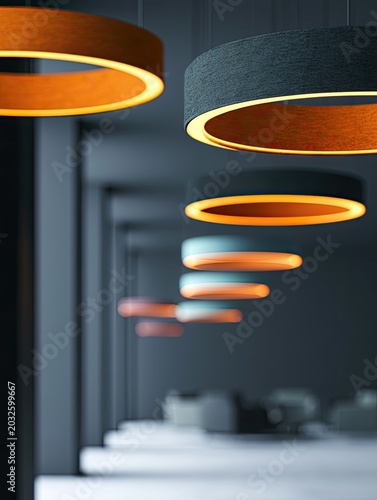 Row of modern, glowing, ring-shaped lamps illuminating a dim, contemporary space