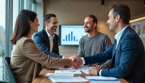 Business meeting with handshake and charts in modern office  