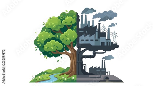 Tree and factory illustration, contrasting green foliage with industrial pollution.