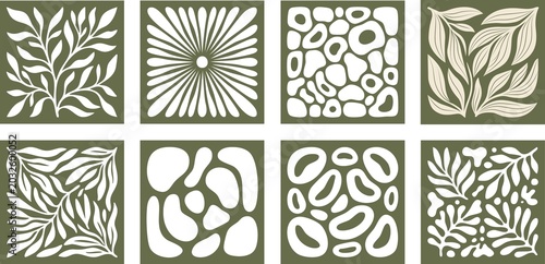 Botanical ornament patterns, geometric arrangements in muted green tones