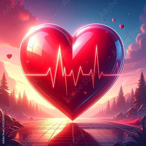 A large, shiny red heart with a medical heartbeat line