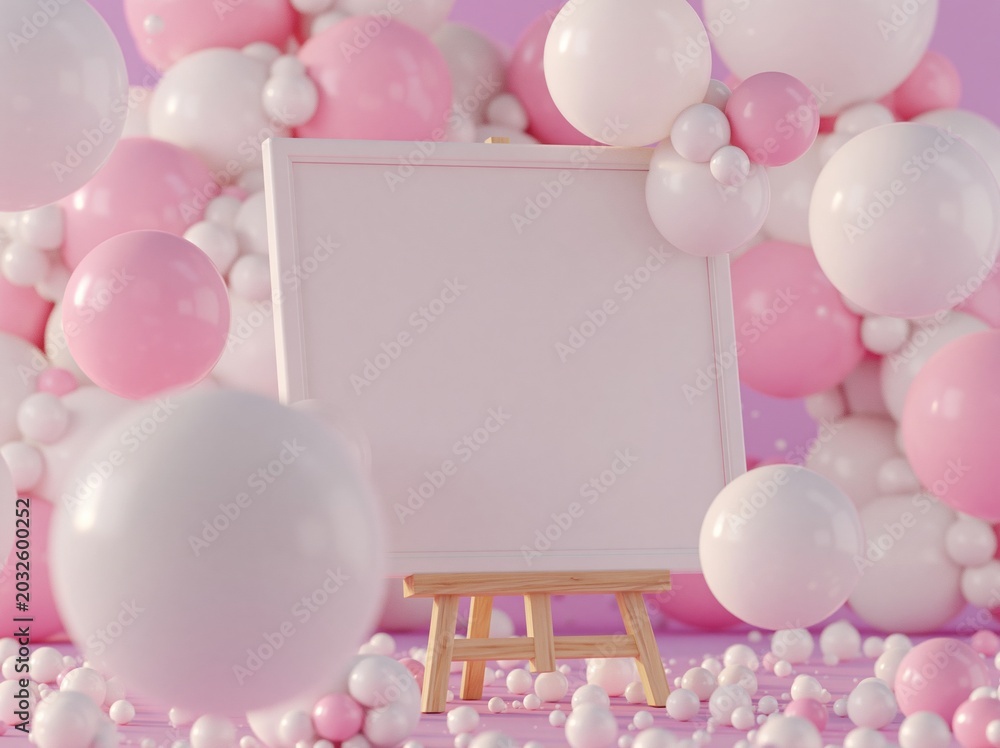 Fototapeta premium Blank White Canvas on Easel Surrounded by Soft Pink and White Balloons and Bubbles for Celebration Mockup