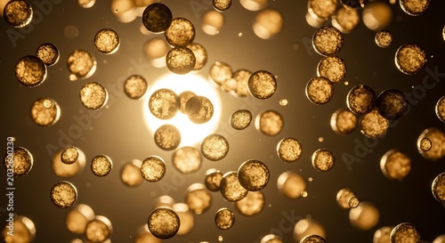 Abstract Golden Microscopic Cells or Atoms Floating in Dark Background