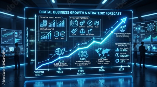 Future business growth and strategic finance investment dashboard showing digital data analytics forecast with financial success charts and global market technology innovation trends for 2024.