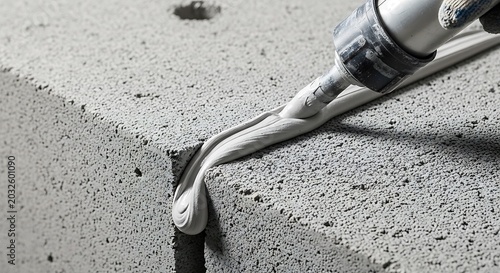 Applying Adhesive Sealant to Aerated Concrete Blocks with Caulking Gun