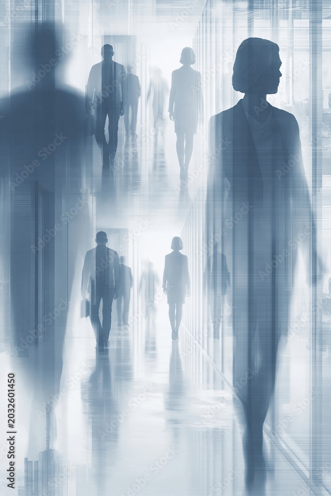 Fototapeta premium Blurred silhouettes of business people walking in a modern office hallway, conveying movement and corporate atmosphere