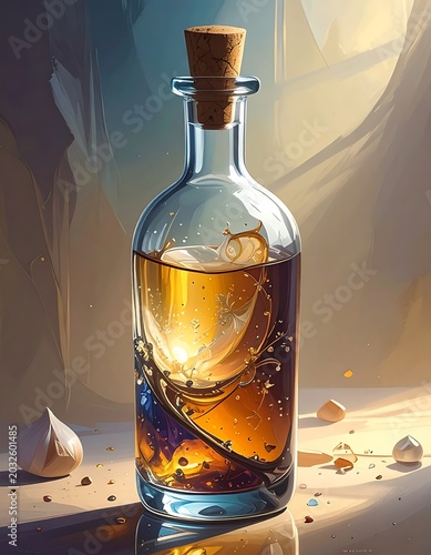 A glass bottle with cork stopper containing golden liquid