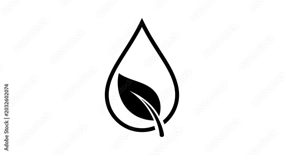 Fototapeta premium Water drop, leaf icon, eco symbol, black vector, minimalist design