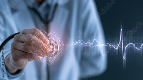 Cardiologist doctor hand using stethoscope examine patient heart functions and blood vessel. Medical technology and hospital care treatment for heart disease and vascular disorder preventive.