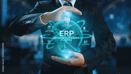 Tableau sur toile ERP platform visual showing centralized system for enterprise resource planning, improving integration, data flow, business efficiency, finance, inventory, and human resources