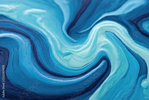 Abstract close-up features swirling blue and turquoise textures, mimicking flowing water